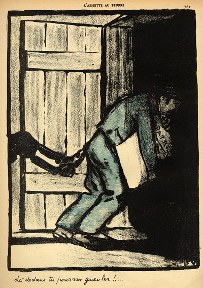 1902年3月1日、「L&39;Assiette au Beurre」の特別版「犯罪と罰」から政治ポスターを掲げた男が刑務所に投げ込まれた 作： Felix Edouard Vallotton
